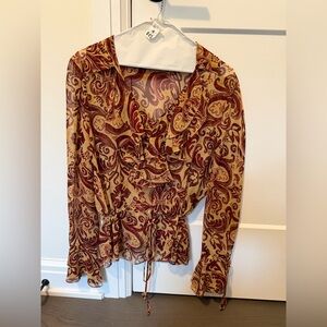 Diane Von Furstenberg Sheer Ruffle-Neck Long Sleeve Blouse - Burgundy/Tan